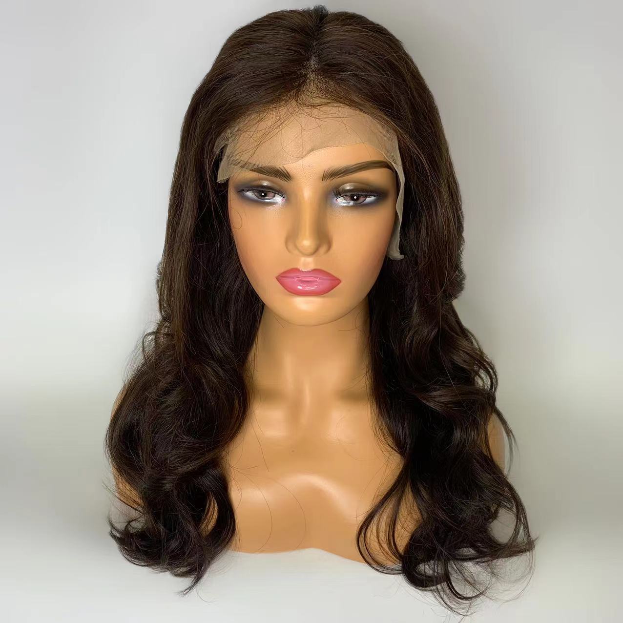 18إنش باروكة شعر طبيعي برازيلي ذات جذور أمامية لون بني غامق مموج كثافة عالية