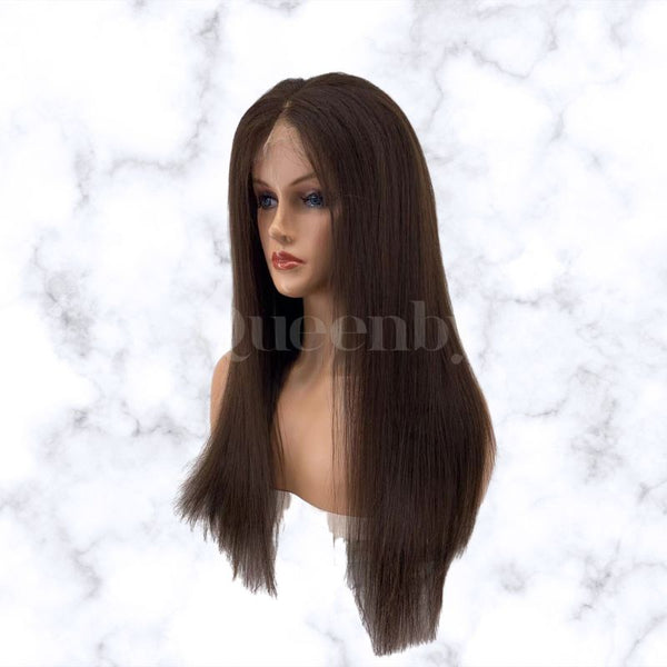 18إنش باروكة شعر طبيعي برازيلي ذات جذور أمامية لون بني غامق مفرود استريت كثافة عالية