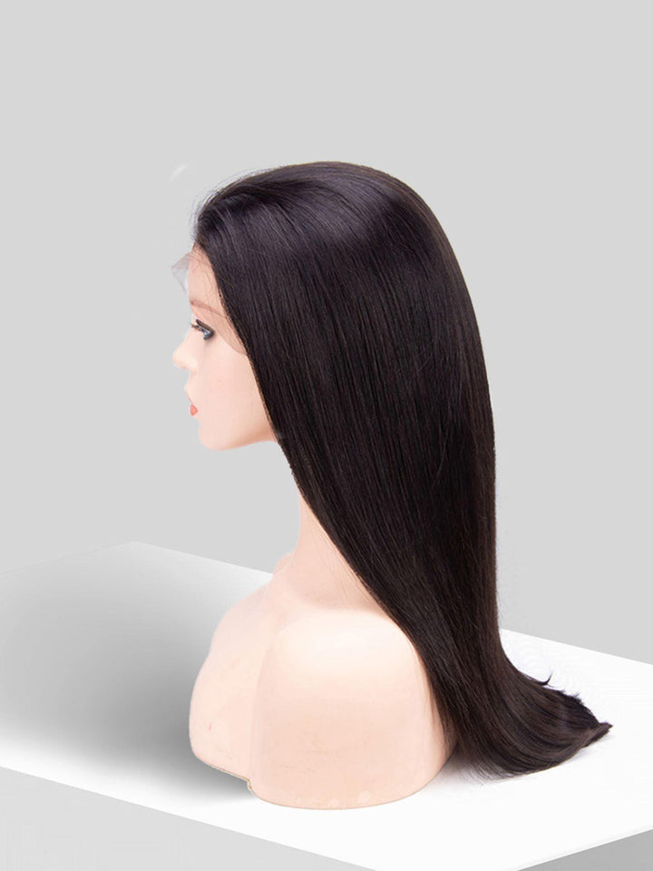 16 inch virgin human hair wig natural black straight - QUEENBY