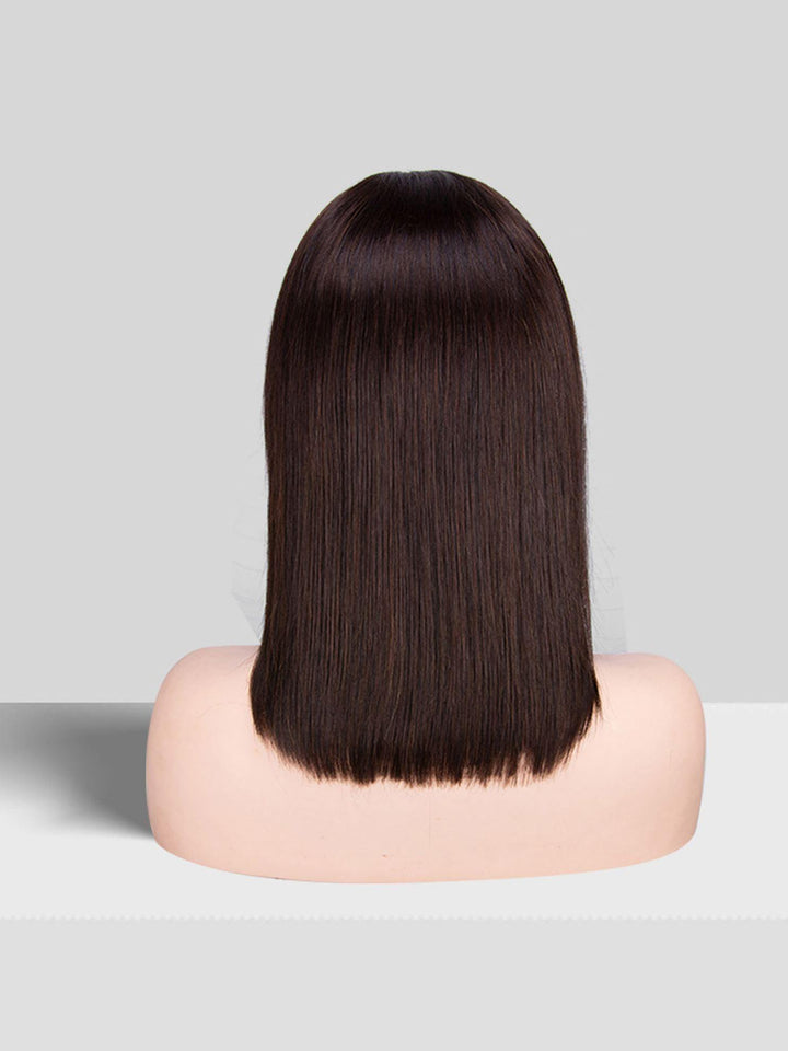 12 inch virgin human hair wig dark brown straight - QUEENBY