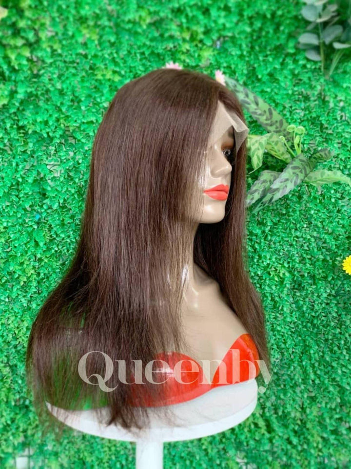 16 inch Lace Front Wig 100%  human hair #4  straight  180% normal density - QUEENBY