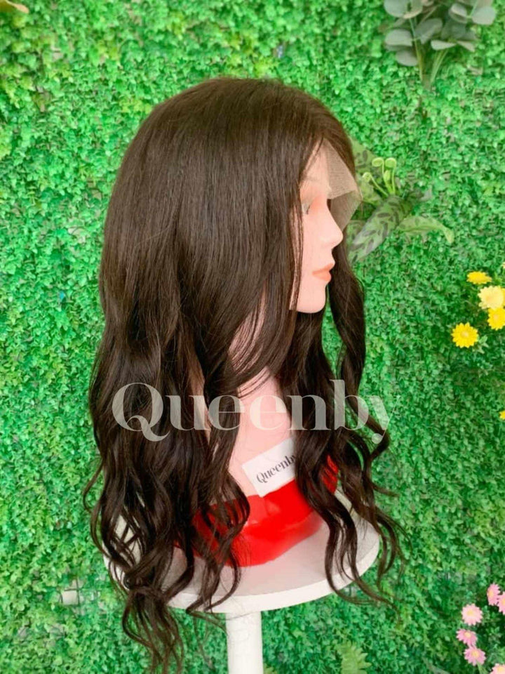 18 inch Lace Front Wig 100%  human hair #2  Wavy  180% normal density - QUEENBY