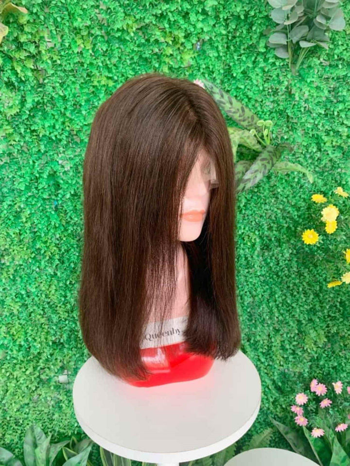 14 inch Lace Front Wig 100%  human hair #4  straight  180% density - QUEENBY