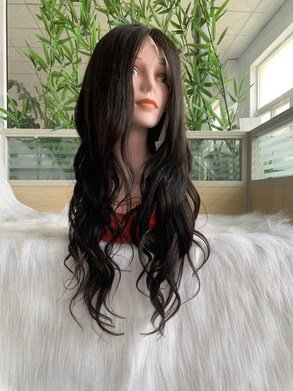 24 inch virgin human hair wig dark brown wavy - QUEENBY