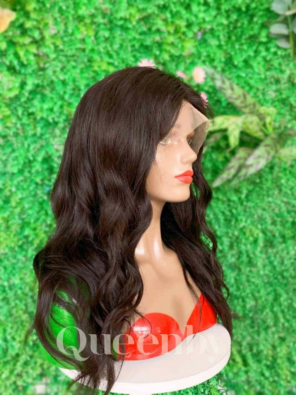 18 inch Lace Front Wig 100%  human hair #1b  wavy  180% normal density - QUEENBY