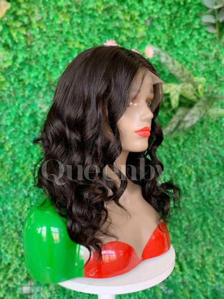 16 inch Lace Front Wig 100%  human hair #1b  wavy  180% normal density - QUEENBY