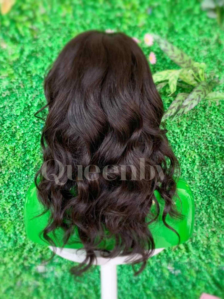 16 inch Lace Front Wig 100%  human hair #1b  wavy  180% normal density - QUEENBY