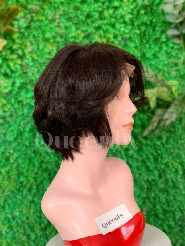 8 inch Lace Front Wig 100%  human hair #1b  straight  180% normal density - QUEENBY