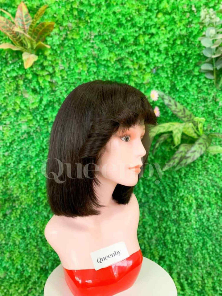 10 inch Lace Front Wig 100%  human hair #1b  straight  180% normal density - QUEENBY