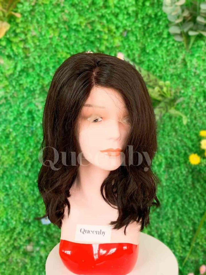 14 inch Lace Front Wig 100%  human hair #1b  wavy  180% normal density - QUEENBY