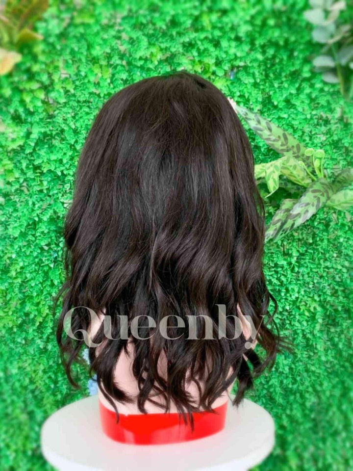14 inch Lace Front Wig 100%  human hair #1b  wavy  180% normal density - QUEENBY