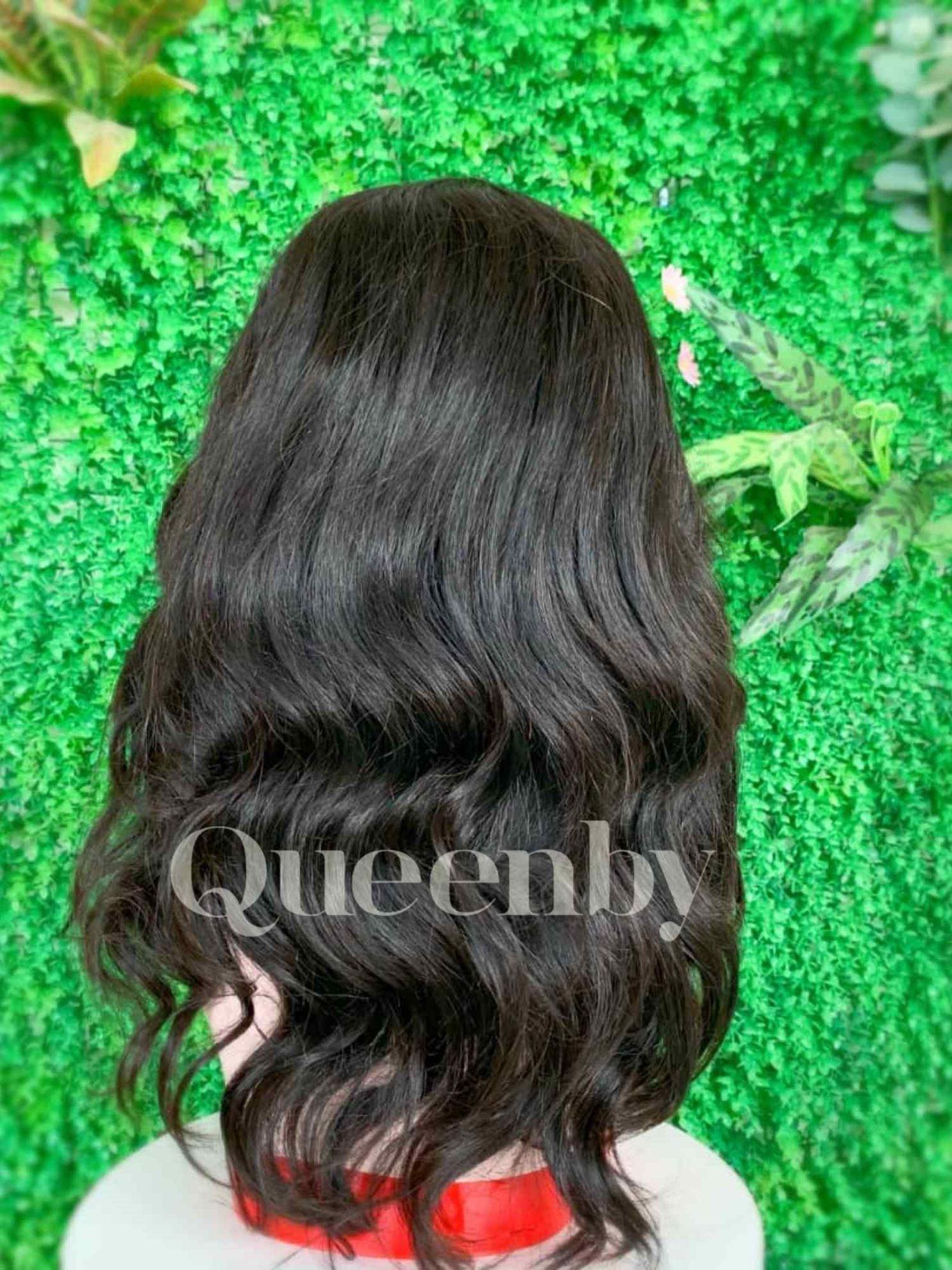 16 inch Lace Front Wig 100%  human hair #1b  Wavy  180% normal density - QUEENBY