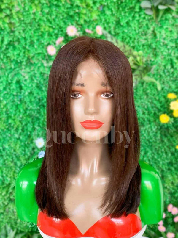 14 inch Lace Front Wig 100%  human hair #2  straight  180% normal density - QUEENBY