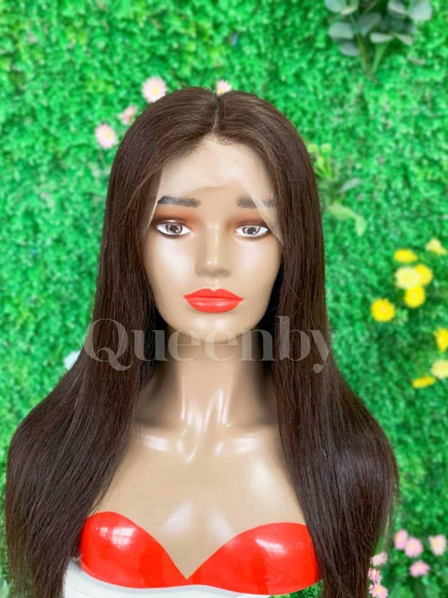 18 inch Lace Front Wig 100%  human hair #2  straight  180% normal density - QUEENBY