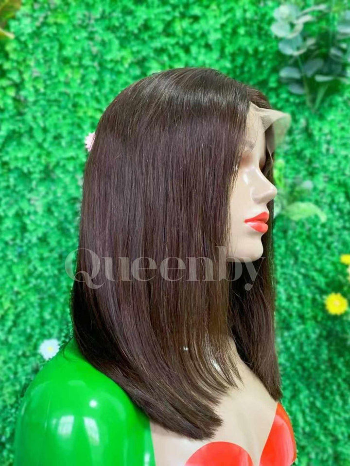 12 inch Lace Front Wig 100%  human hair #4  straight  180% normal density - QUEENBY