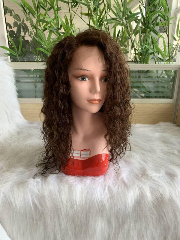 14 inch Lace Front Wig 100%  human hair #4  curly  150% density - QUEENBY