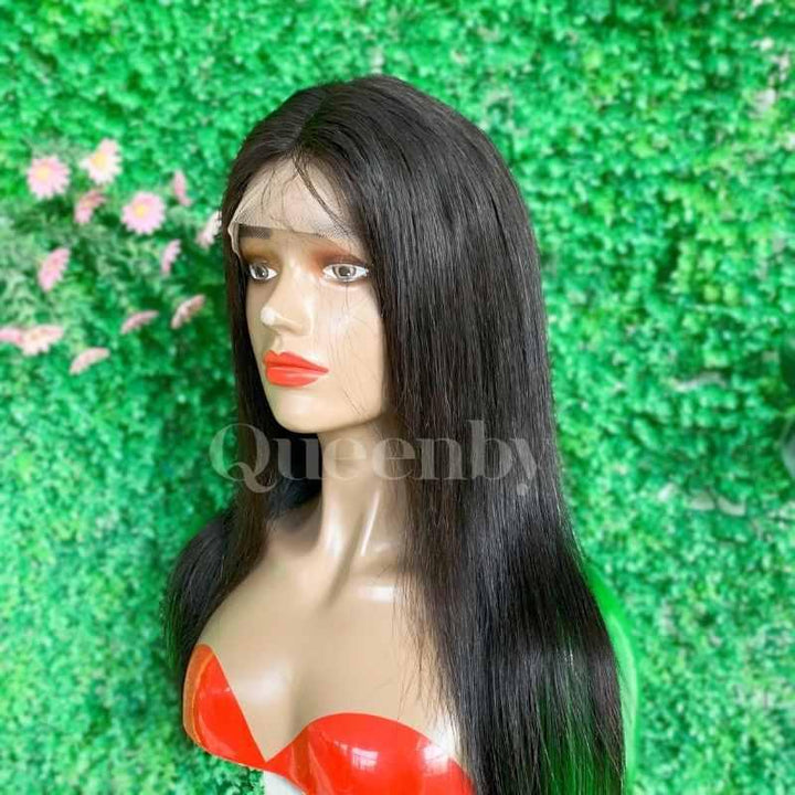 16 inch Lace front wig 100% human hair natural black straight 150% high density - QUEENBY