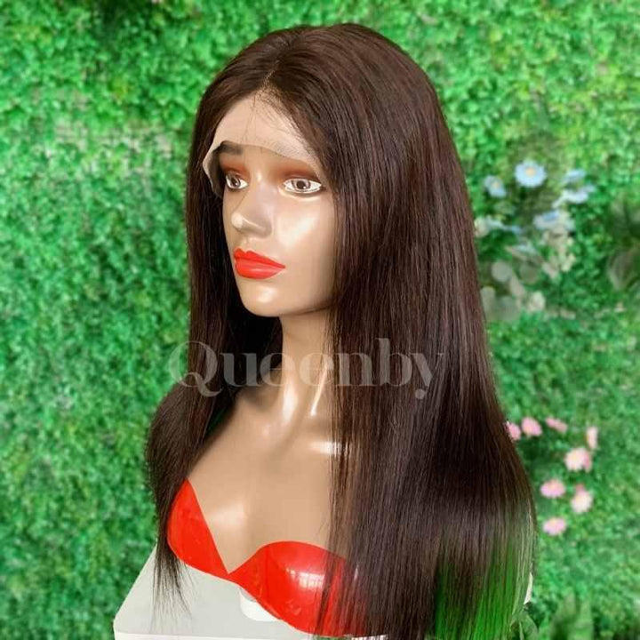 16 inch Lace Front Wig 100%  human hair #2  Straight  150% density - QUEENBY
