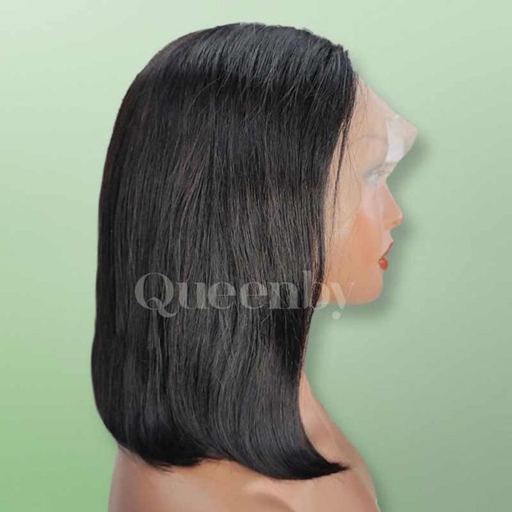 12 inch Lace Front Wig 100%  human hair #1b  Bob straight  180% high density - QUEENBY