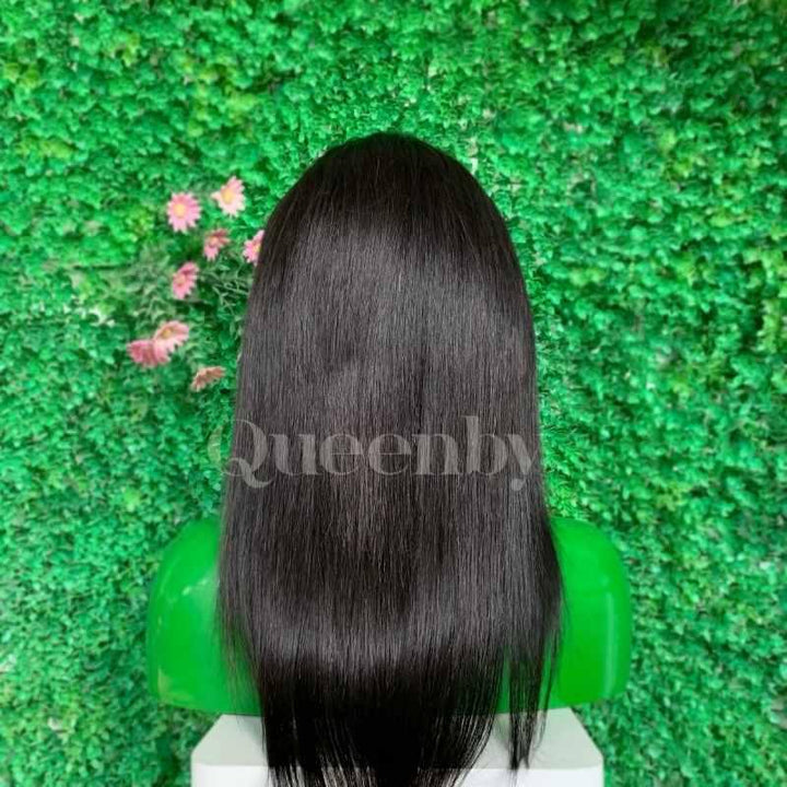 16 inch Lace front wig 100% human hair natural black straight 150% high density - QUEENBY