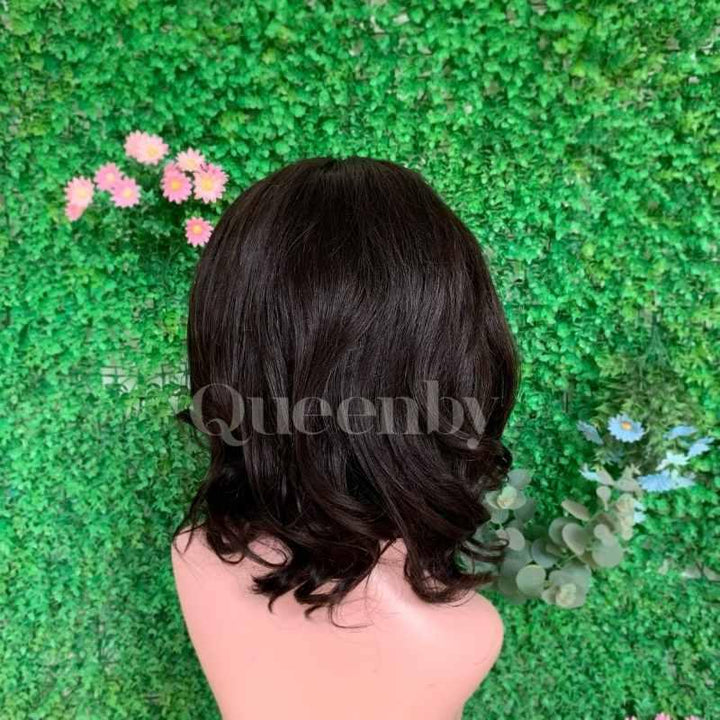 10 inch Lace Front Wig 100%  human hair #1b wavy 150% normal density - QUEENBY