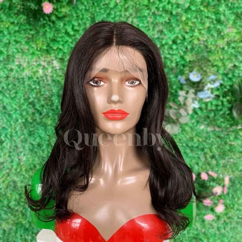 16 inch Lace Front Wig 100%  human hair #1b  wavy  150% normal density - QUEENBY