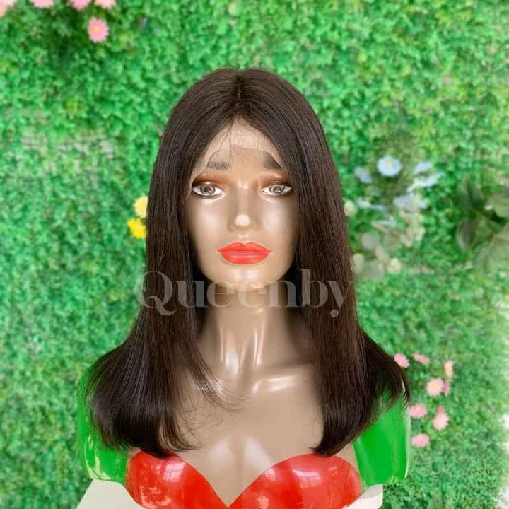 12 inch Lace Front Wig 100%  human hair #1b  straight  150% normal density - QUEENBY