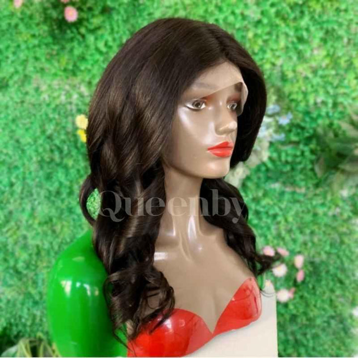 18 inch Lace Front Wig 100%  human hair #1b  wavy  150% normal density - QUEENBY