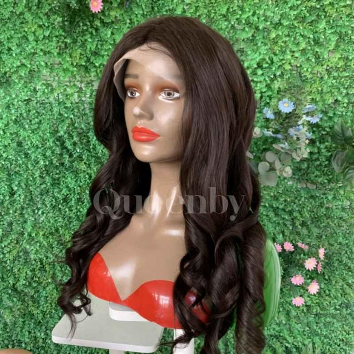 22 inch Lace Front Wig 100%  human hair #1b  Wavy  150% density - QUEENBY
