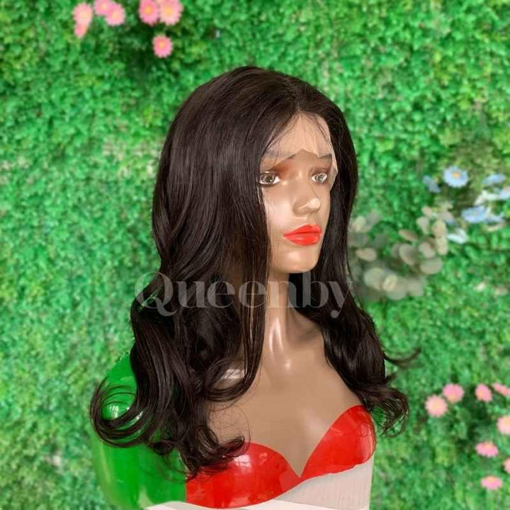 16 inch Lace Front Wig 100%  human hair #1b  wavy  150% normal density - QUEENBY