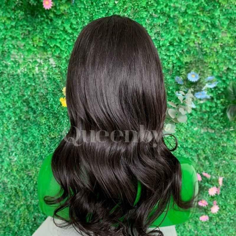 16 inch Lace Front Wig 100%  human hair #1b  wavy  150% normal density - QUEENBY