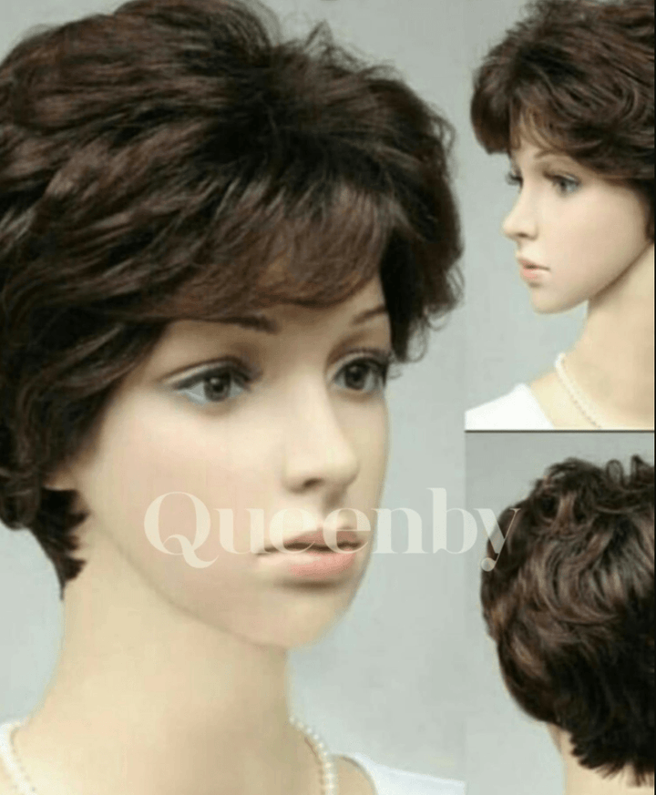 08 inch virgin human hair wig silk base #4 brown color - QUEENBY