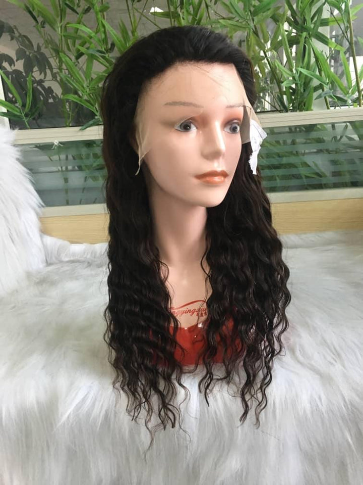 18 inch virgin human hair wig wavy dark brown - QUEENBY