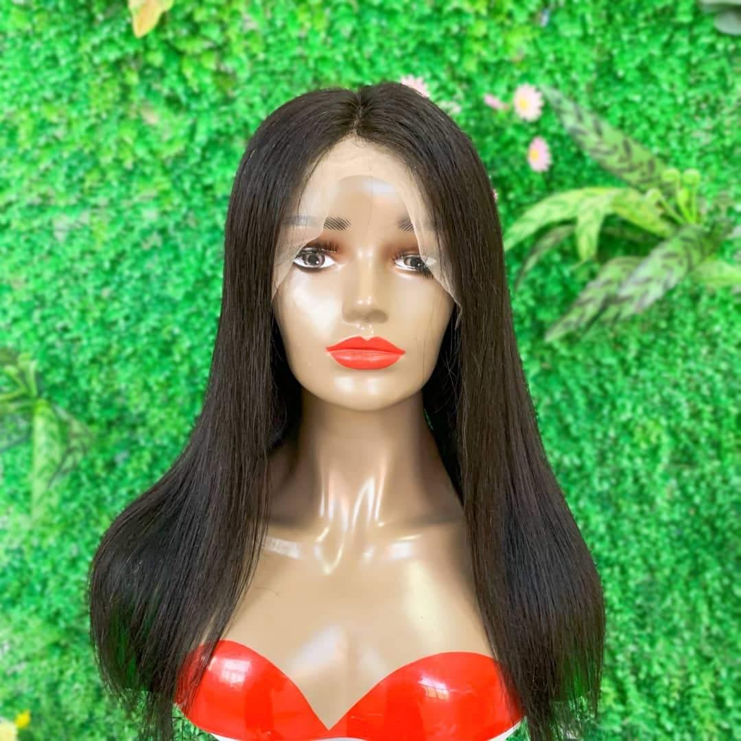 16 inch Lace front wig 100% human hair natural black straight 180% high density - QUEENBY