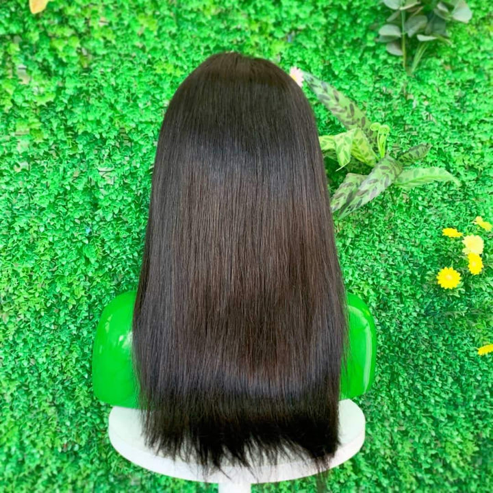 16 inch Lace front wig 100% human hair natural black straight 180% high density - QUEENBY
